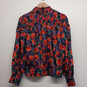 New Calligraphie Floral Top Women Size M Black Red Smocked Long Sleeve Peasant
